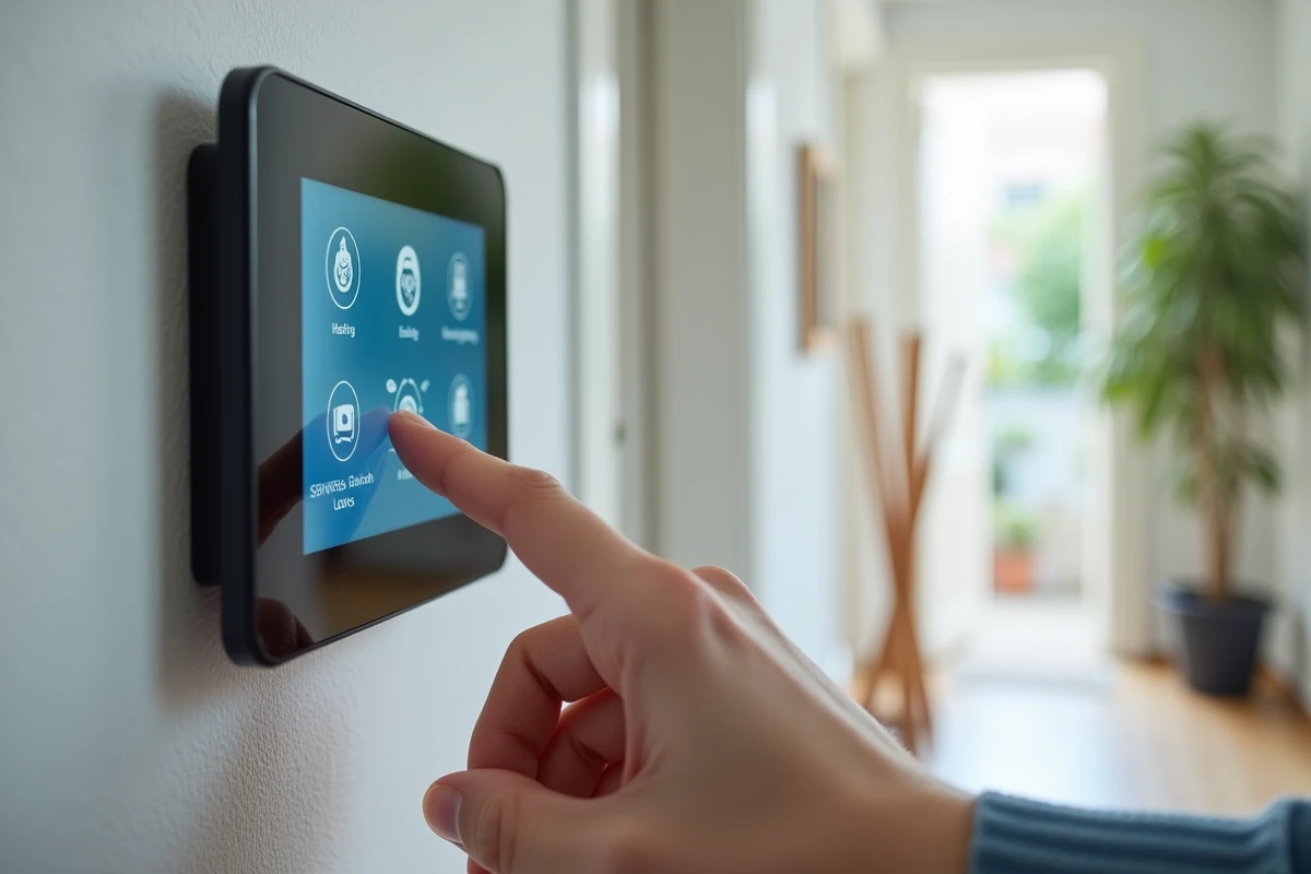 Panneau de contrôle de maison connectée sur un mur blanc avec une main qui interagit avec l'interface tactile
