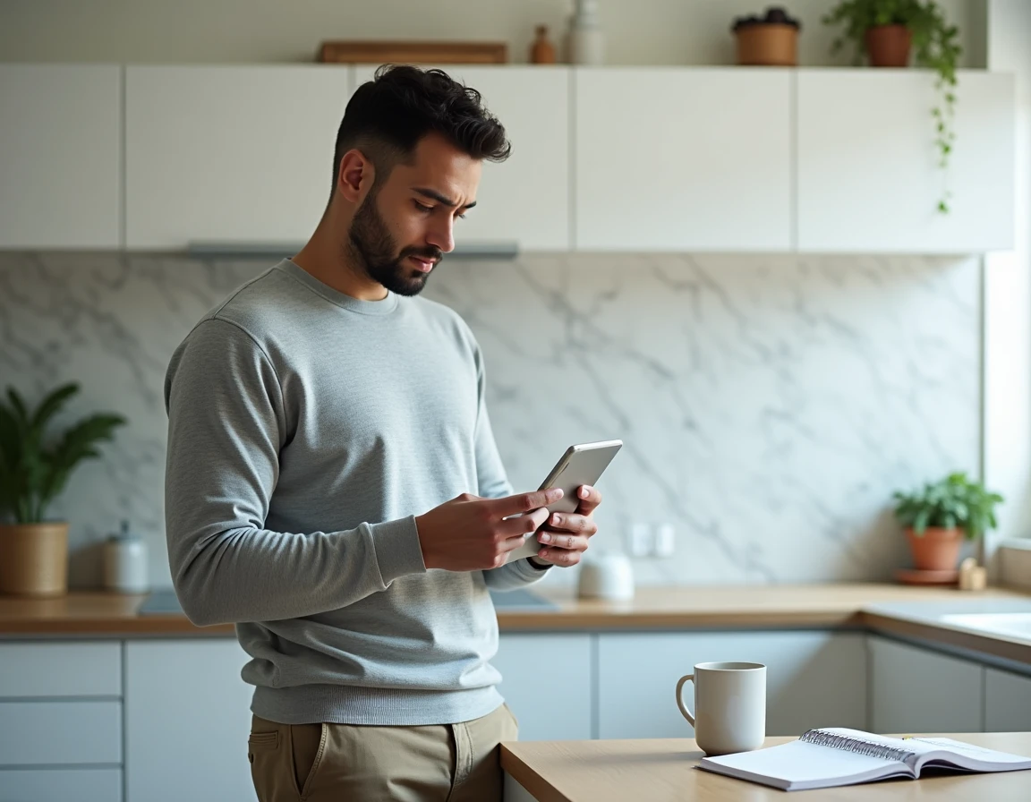 Parent consultant l'ENT Versailles sur une tablette dans la cuisine le matin