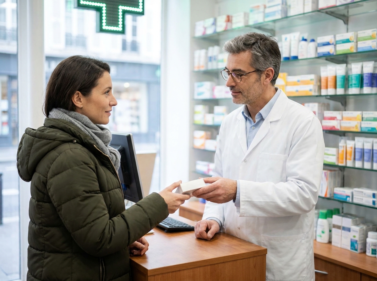 Pharmacien remettant un collyre à une cliente enrhumée en hiver dans une pharmacie française, prévention des infections oculaires saisonnières