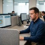 Professionnel IT analysant les exigences de la norme ISO 27001 sur un écran d'ordinateur dans un bureau moderne
