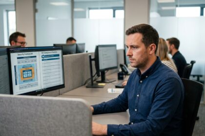 Professionnel IT analysant les exigences de la norme ISO 27001 sur un écran d'ordinateur dans un bureau moderne