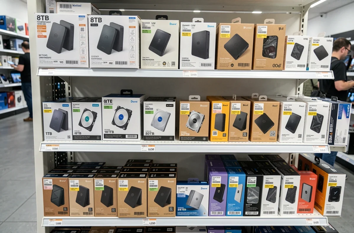 Rayon d'un magasin high-tech avec des disques durs et SSD de différentes capacités pour le gaming