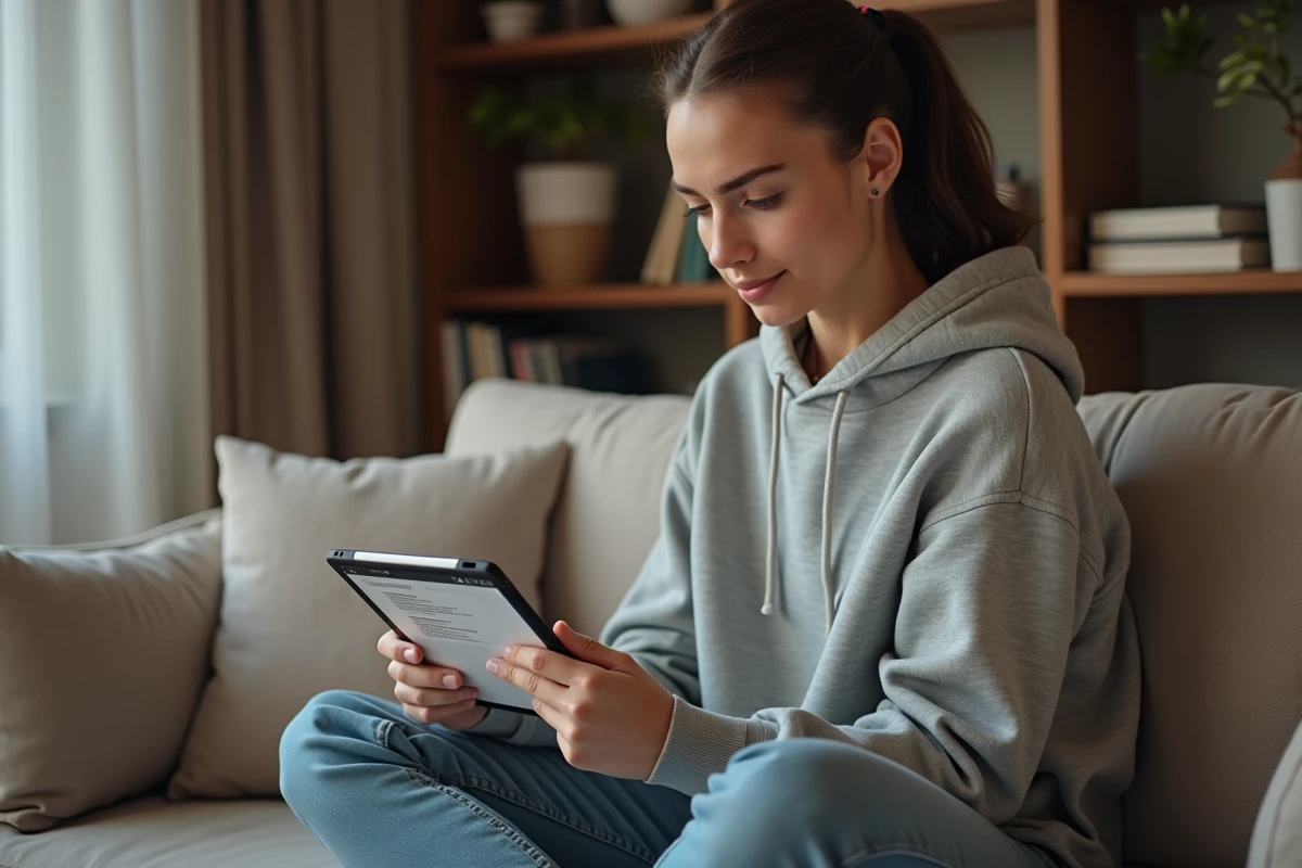Femme recherchant un accès alternatif à un site web sur une tablette depuis son salon