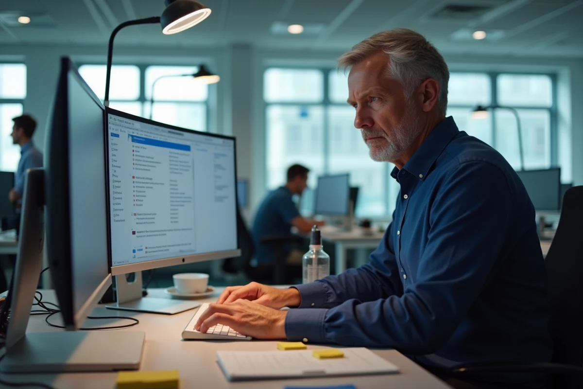 Homme en entreprise récupérant un email effacé depuis la corbeille de sa messagerie professionnelle