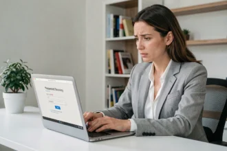 Femme au bureau récupérant l'accès à son compte webmail après un mot de passe oublié