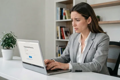 Femme au bureau récupérant l'accès à son compte webmail après un mot de passe oublié