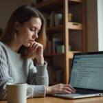 Femme cherchant à récupérer un email supprimé sur son ordinateur portable dans un bureau à domicile