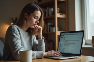 Femme cherchant à récupérer un email supprimé sur son ordinateur portable dans un bureau à domicile