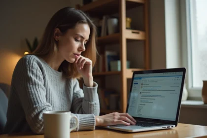 Femme cherchant à récupérer un email supprimé sur son ordinateur portable dans un bureau à domicile