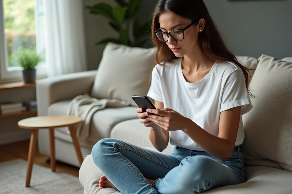 Jeune femme récupérant un email supprimé sur son smartphone depuis un canapé à la maison