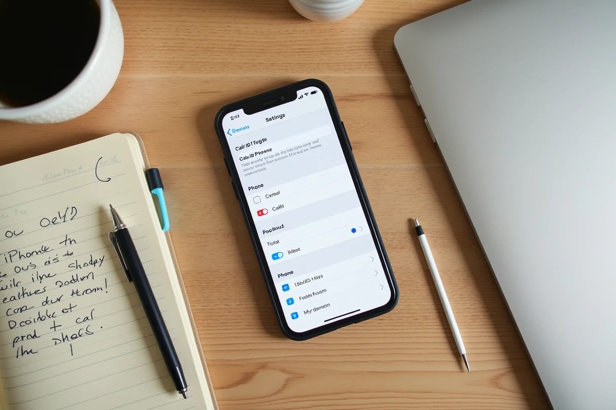 Vue aérienne d'un iPhone affichant les paramètres de numéro masqué dans iOS sur un bureau en bois