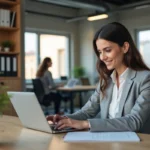 Femme professionnelle configurant les réglages de webmail Convergence Bordeaux sur un ordinateur portable dans un bureau moderne