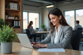 Femme professionnelle configurant les réglages de webmail Convergence Bordeaux sur un ordinateur portable dans un bureau moderne