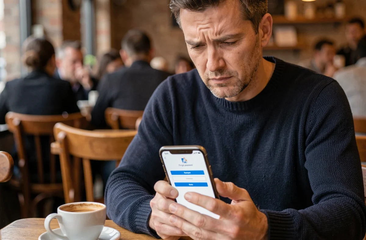 Homme dans un café consultant son smartphone pour réinitialiser son mot de passe webmail Ionos