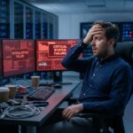 Responsable informatique choqué face à des écrans d'alerte rouge lors d'une première cyberattaque dans une salle serveur