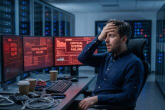 Responsable informatique choqué face à des écrans d'alerte rouge lors d'une première cyberattaque dans une salle serveur