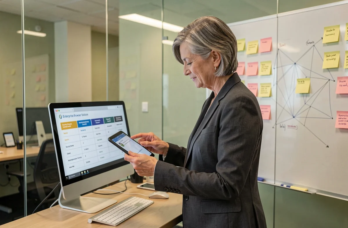Responsable informatique analysant des solutions de navigateur sécurisé pour entreprises sur une tablette dans un bureau en verre
