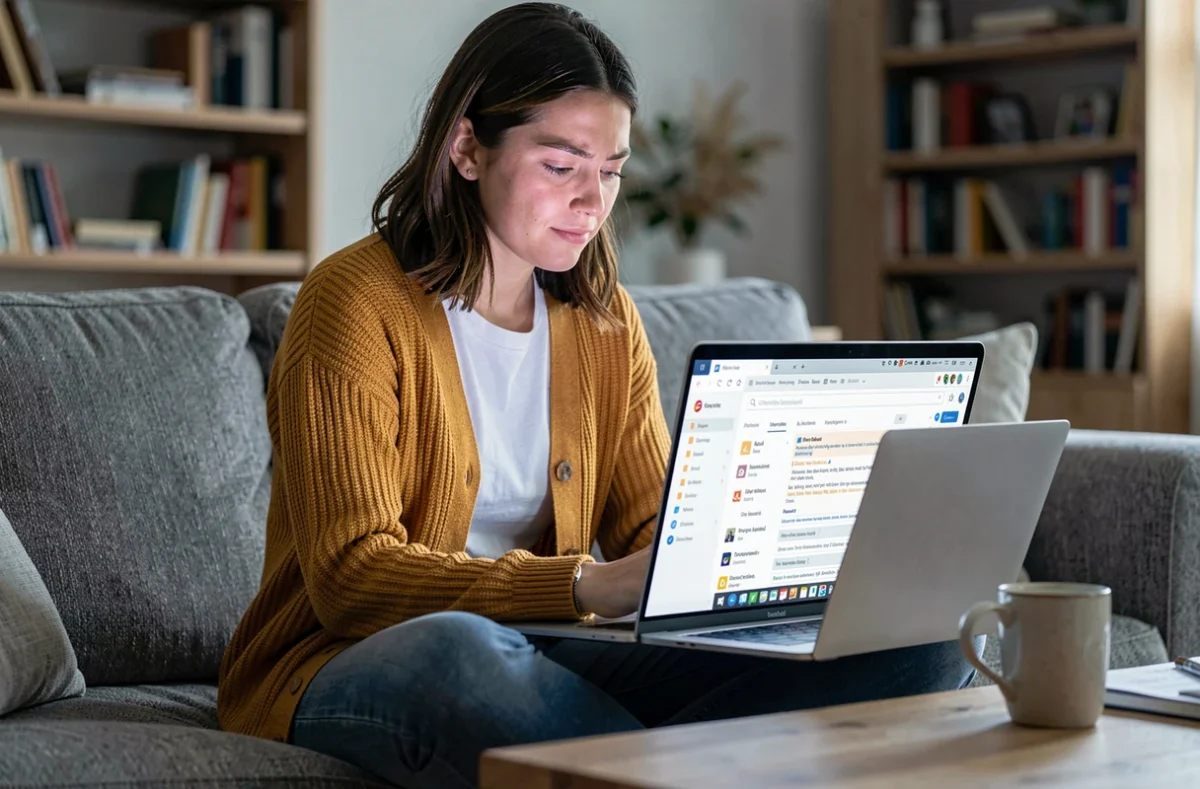Jeune femme parcourant ses anciens messages sur la messagerie ac-montpellier.fr depuis son domicile avec un ordinateur portable