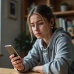 Femme tenant un Samsung Galaxy avec un écran noir, assise à un bureau, tentant de comprendre pourquoi la capture d'écran ne fonctionne pas