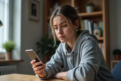 Femme tenant un Samsung Galaxy avec un écran noir, assise à un bureau, tentant de comprendre pourquoi la capture d'écran ne fonctionne pas