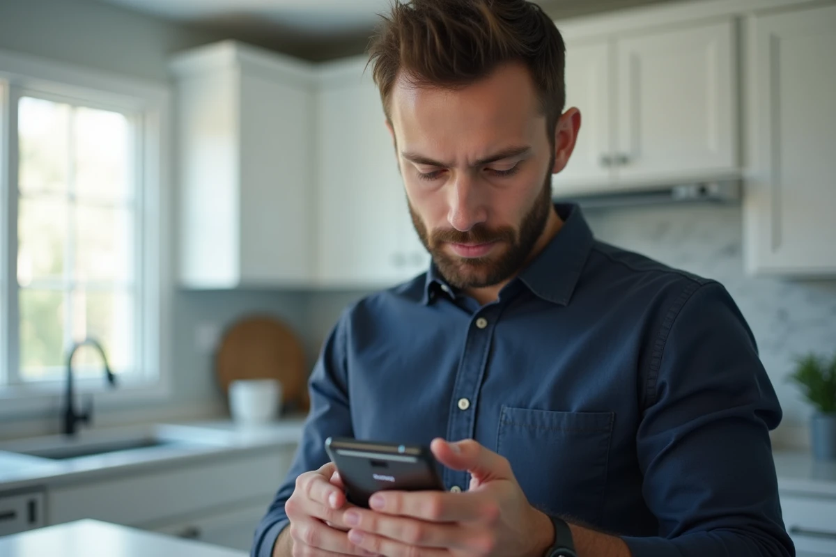 Homme appuyant sur les boutons d'un Samsung verrouillé pour effectuer une capture d'écran, debout dans une cuisine moderne