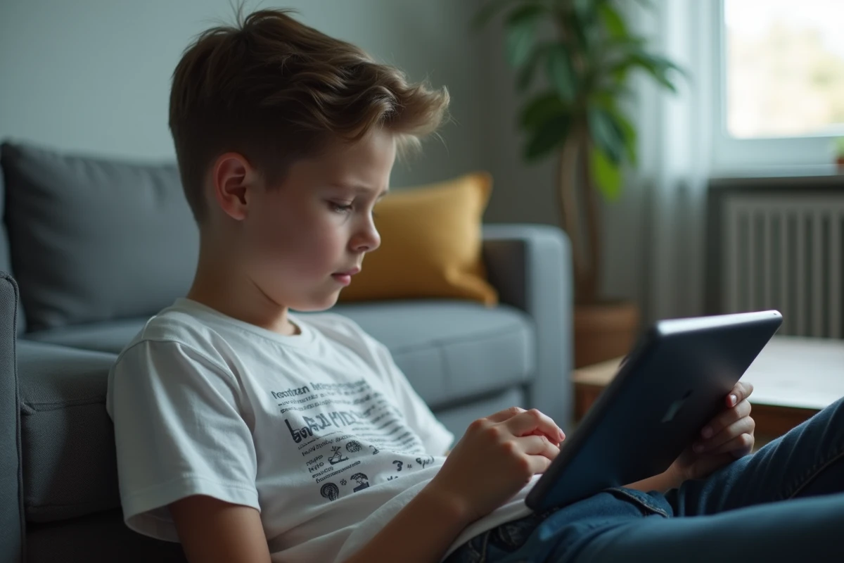 Adolescent allongé sur un canapé regardant une tablette Samsung avec un écran noir non réactif dans un salon moderne