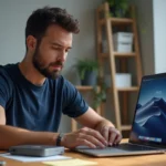 Homme connectant un disque dur externe à un MacBook Pro pour sauvegarder ses données avant réinstallation de macOS