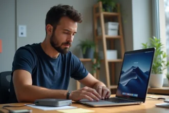 Homme connectant un disque dur externe à un MacBook Pro pour sauvegarder ses données avant réinstallation de macOS