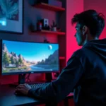 Jeune homme jouant sur un PC gaming Dell avec écran ultrawide et accessoires sur un bureau moderne
