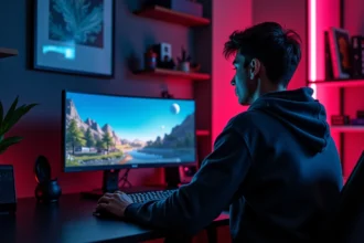 Jeune homme jouant sur un PC gaming Dell avec écran ultrawide et accessoires sur un bureau moderne