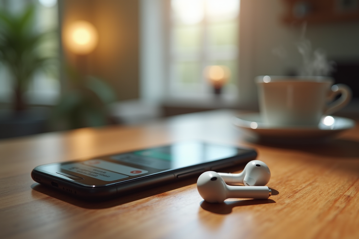 Smartphone en transcription en cours sur une table en bois dans une ambiance cosy