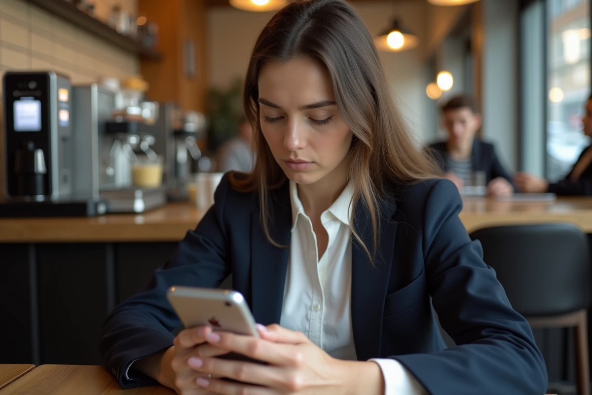 Femme dans un café consultant les réglages de messages iPhone pour masquer son numéro lors d'un SMS