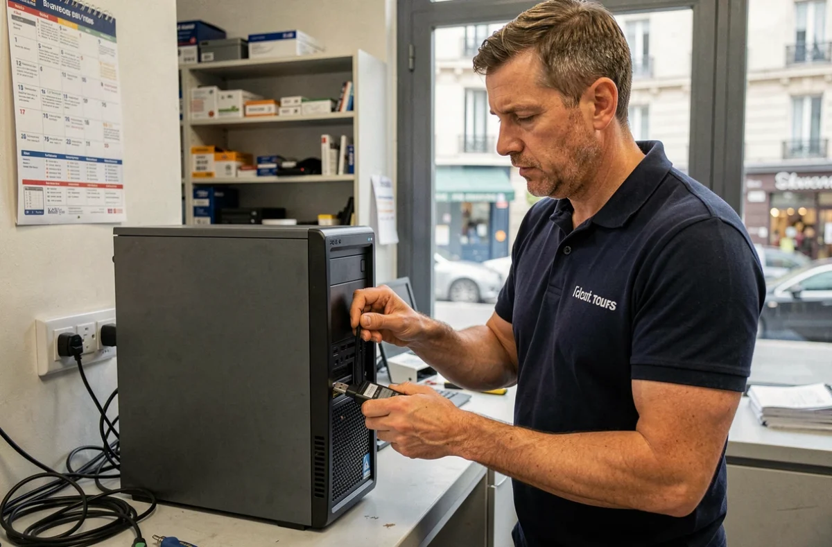Technicien de Sos Dep@Nn Pc-37 connectant un outil de diagnostic à un ordinateur de bureau dans son atelier de Tours