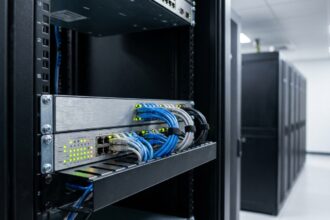 Switch manageable professionnel monté en rack dans une salle serveur d'entreprise avec câbles réseau Cat6 et voyants LED colorés