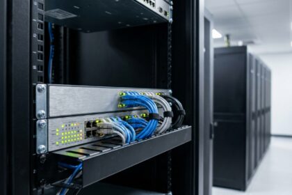 Switch manageable professionnel monté en rack dans une salle serveur d'entreprise avec câbles réseau Cat6 et voyants LED colorés