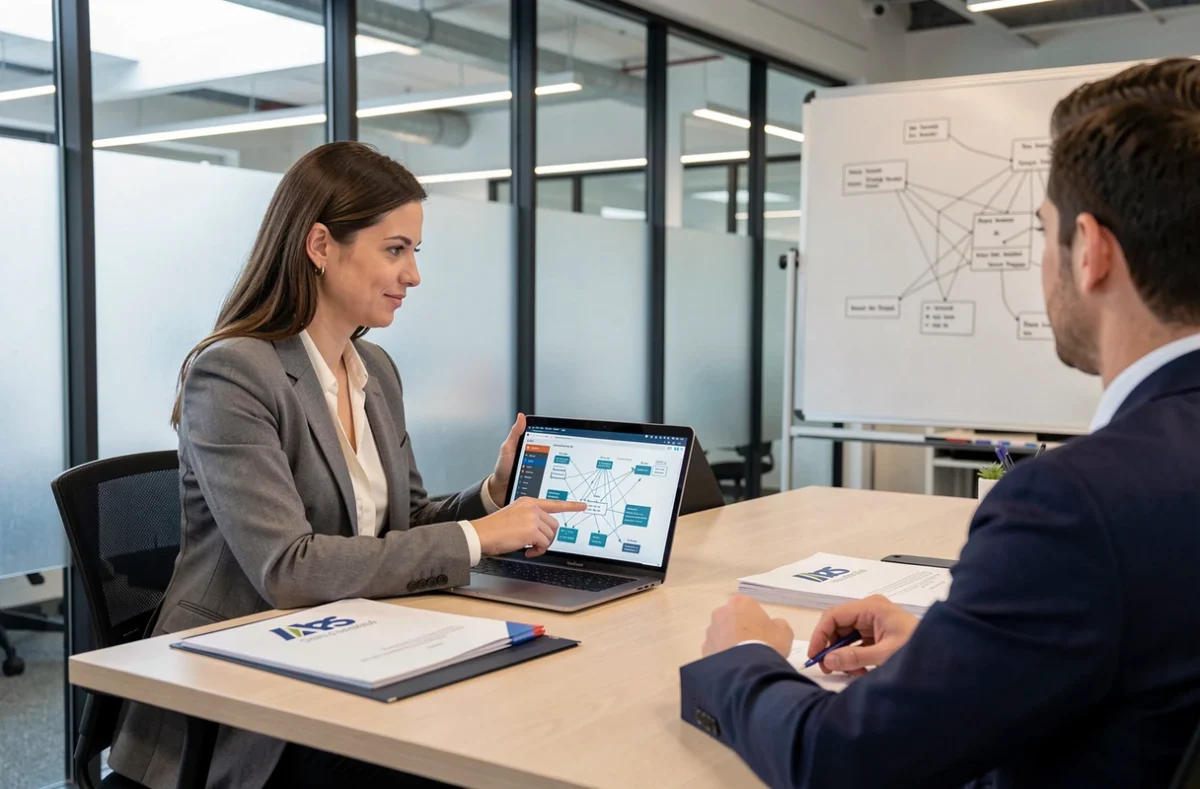Consultante informatique de Techni Pro Informatique Service présentant une solution de maintenance réseau à un client en entreprise à Tours
