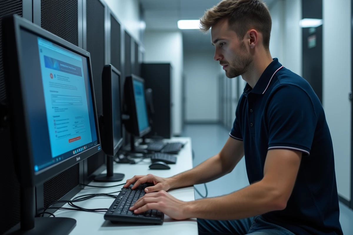 Technicien informatique configurant un poste de travail avec un guide de messagerie affiché à l'écran