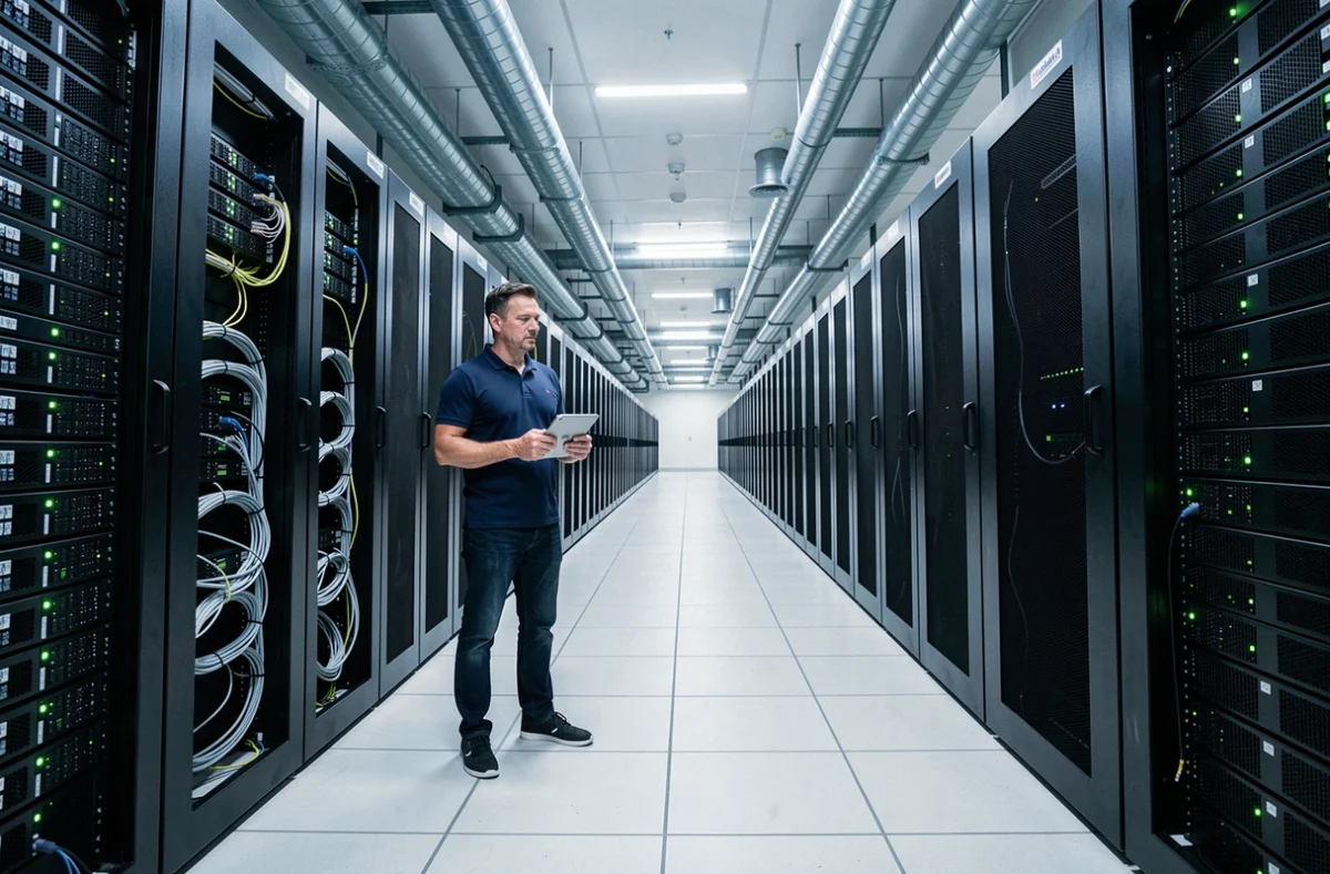 Technicien inspectant des serveurs dans un datacenter pour évaluer la capacité de montée en charge