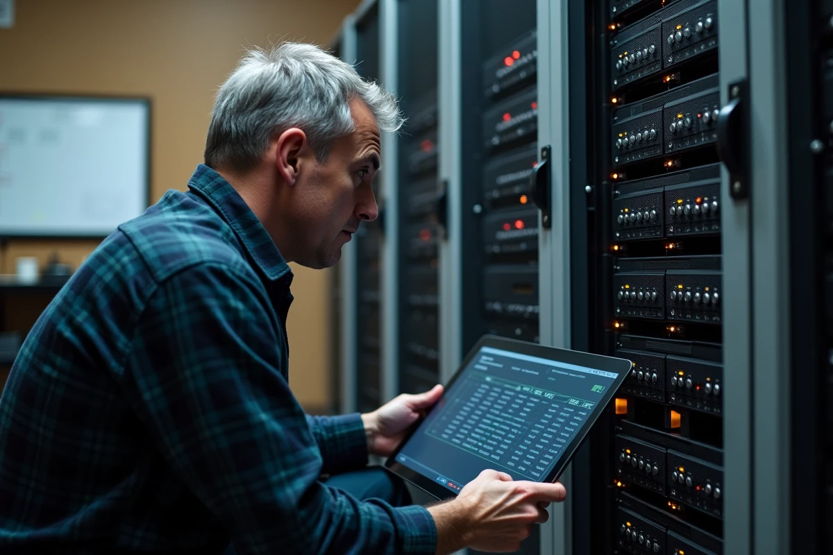 Technicien IT inspectant un rack serveur et consultant un journal de mise à jour logicielle dans une salle informatique professionnelle