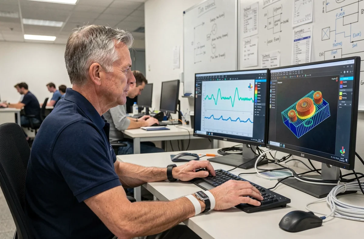 Technicien R&D analysant les données de performance de micro-capteurs sur station de travail informatique, dans un environnement de bureau de recherche et développement en ingénierie