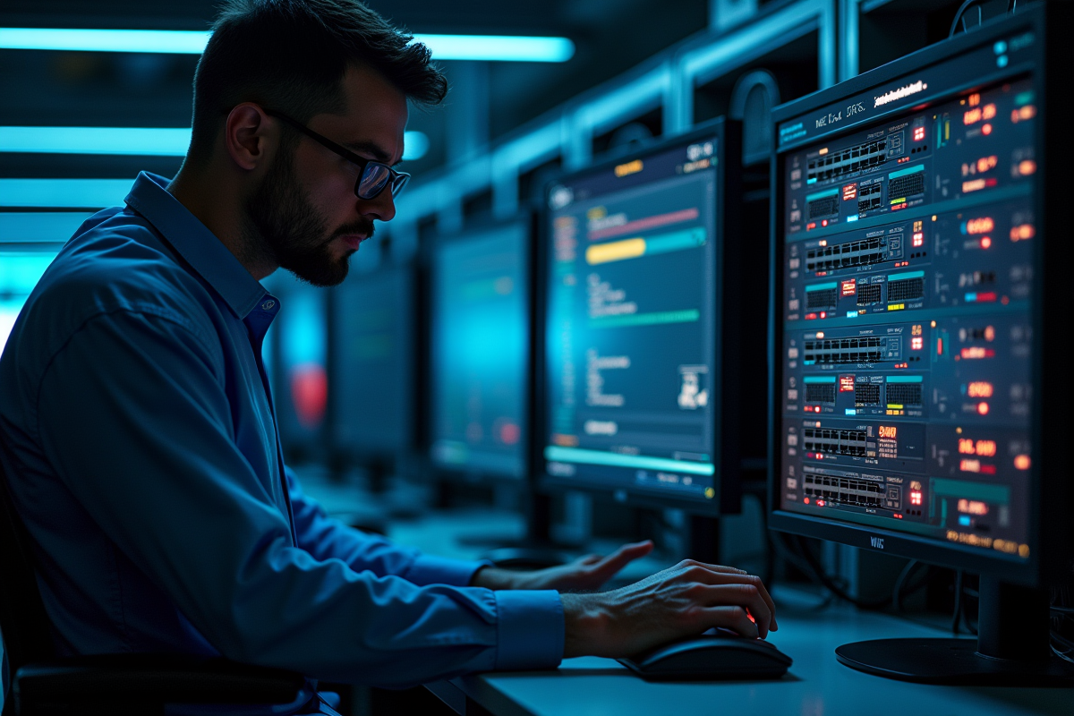 Technicien vérifiant un routeur réseau en salle serveurs haute technologie