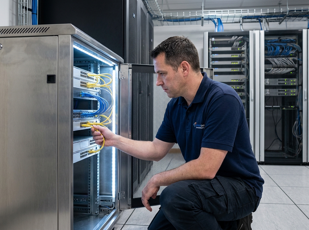 Technicien réseau configurant un switch manageable en rack dans une salle informatique d'entreprise