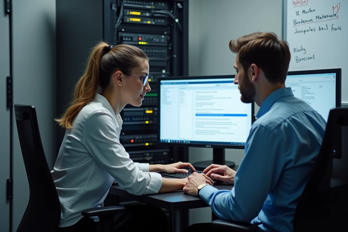 Deux techniciens informatiques vérifiant les paramètres de synchronisation du webmail Convergence Bordeaux dans une salle technique