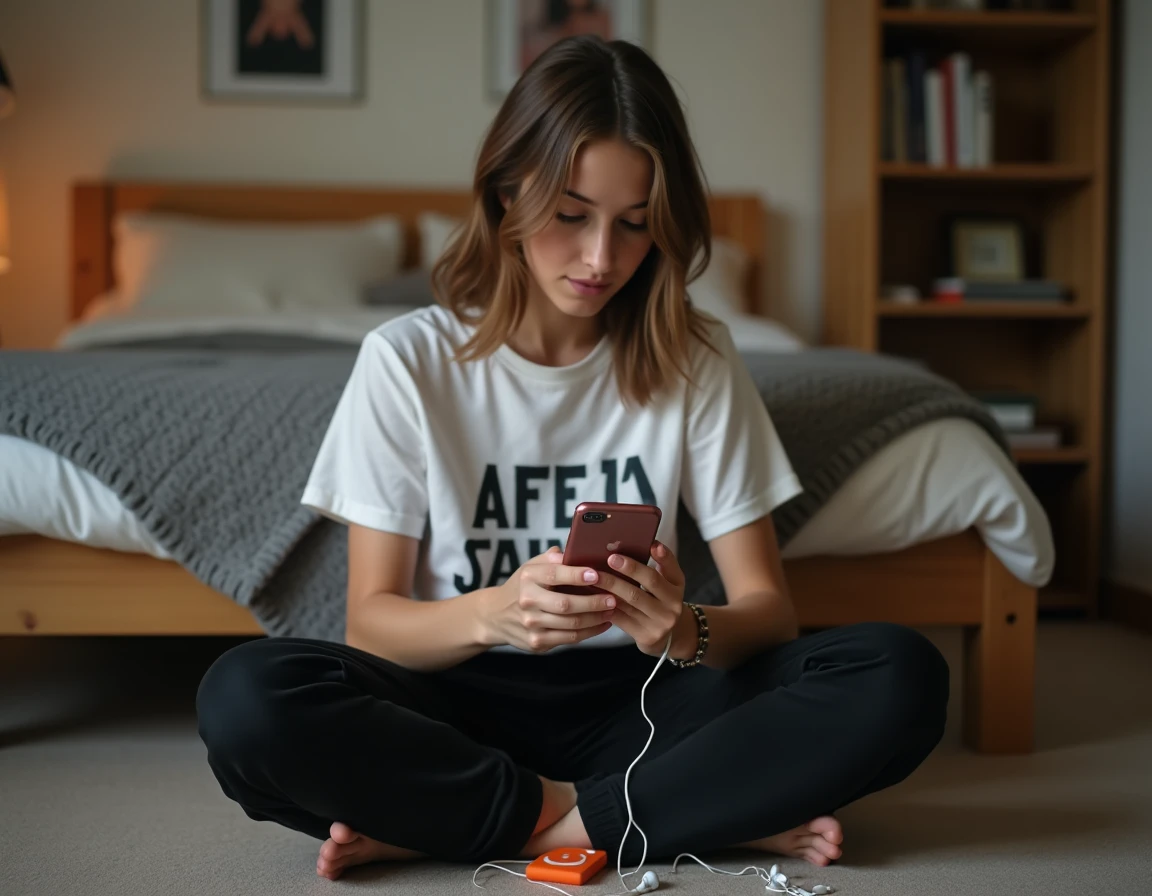 Jeune femme écoutant Apple Music sur smartphone avec un lecteur MP3 posé sur les genoux dans une chambre