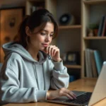 Jeune femme téléchargeant de la musique sur un lecteur MP3 depuis une application de streaming sur son ordinateur portable