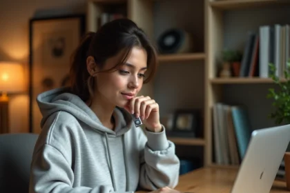 Jeune femme téléchargeant de la musique sur un lecteur MP3 depuis une application de streaming sur son ordinateur portable