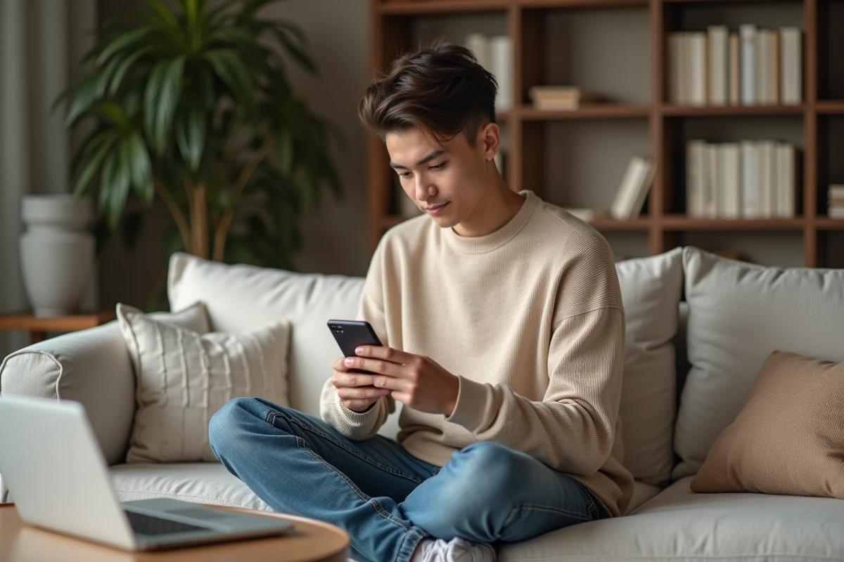 Jeune professionnel en télétravail programmant un message WhatsApp depuis son canapé dans un bureau à domicile