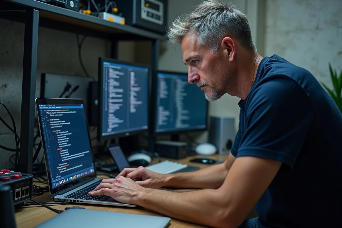 Homme utilisant le Terminal macOS pour vider le cache de son MacBook dans un atelier informatique