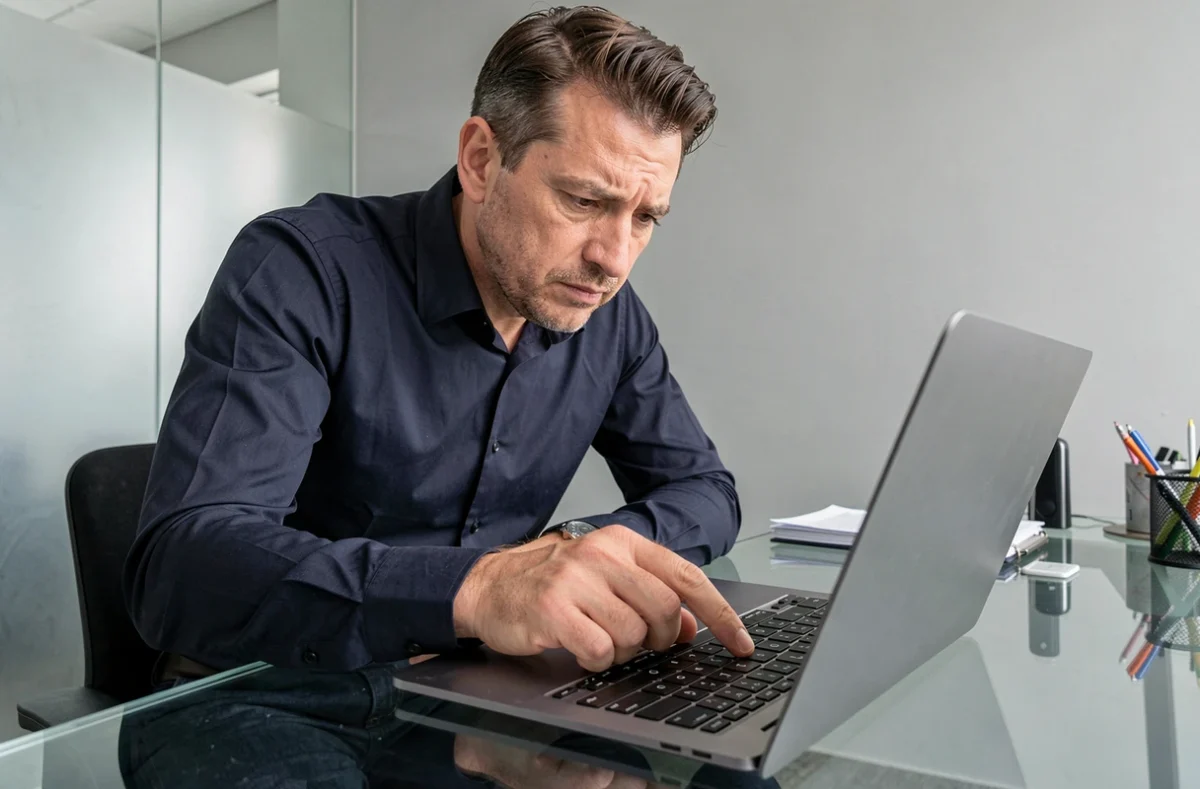 Homme d'affaires examinant de près la touche Shift bloquée sur un MacBook Pro posé sur un bureau en verre dans un bureau moderne