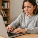 Femme utilisant la touche Shift sur un MacBook argenté posé sur un bureau en bois dans un bureau à domicile moderne